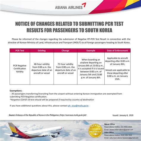 COVID-19 <b>Testing</b> Travelers lacking proof of vaccination must have proof of a negative RT-<b>PCR</b> <b>test</b> result for COVID-19 issued no more than 72 hours prior to departure. . Asiana airlines pcr test requirements